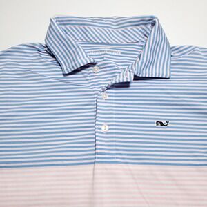 Vineyard Vines Polo Shirt Mens Small Blue Pink Striped Performance Short Sleeve
